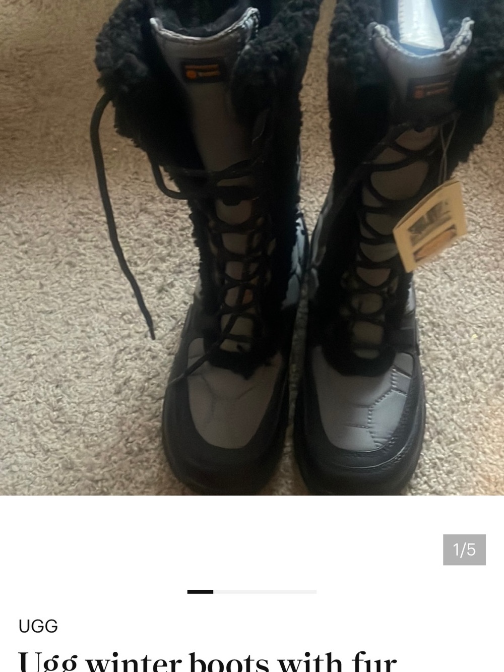UGG Women's Black and Gray Lace-Up Winter Boots with Fur Trim